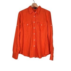 Lauren Ralph Lauren Women Orange Linen Button Down Long Sleeve Shirt Size Large